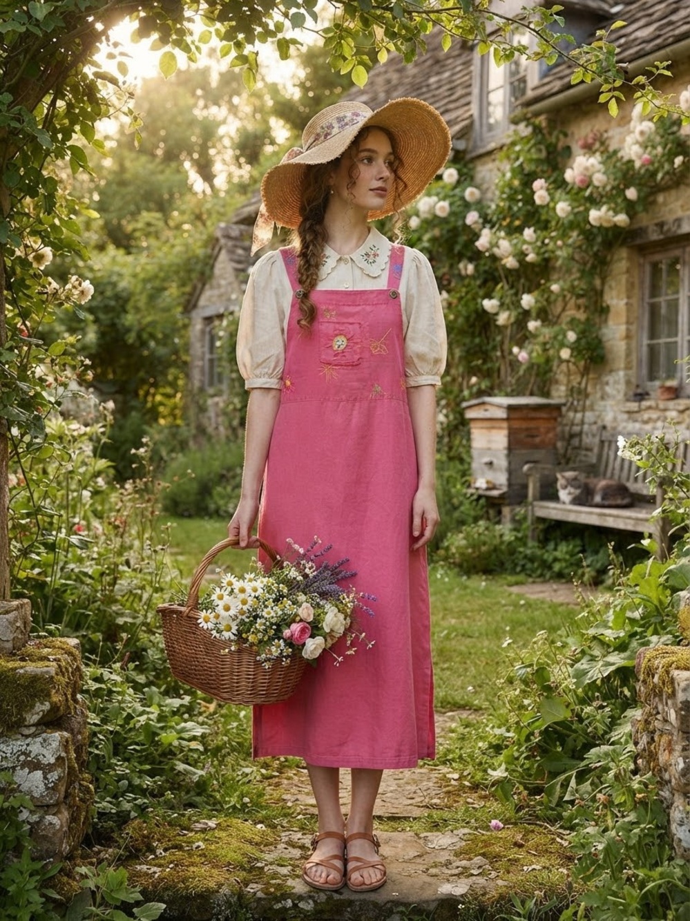 Johnny Was Pink Embroidered Overall Dress medium